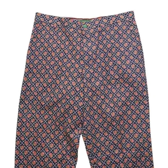 Mens 34 Floral Pants Blue Orange Cotton Geometric Flat Front Straight Trousers